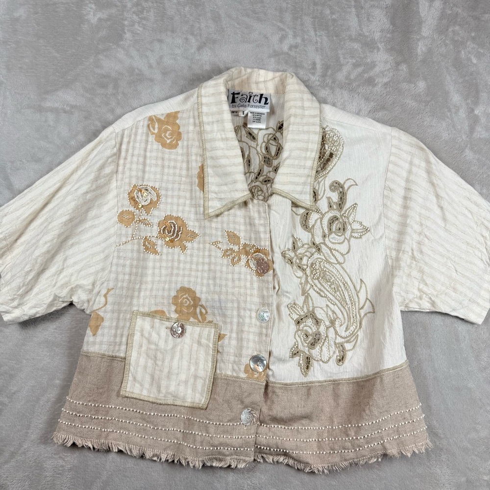 Faith by Celia Forrester Embroidered Linen Blend Floral Blouse Boho Artwear - Picture 2 of 10